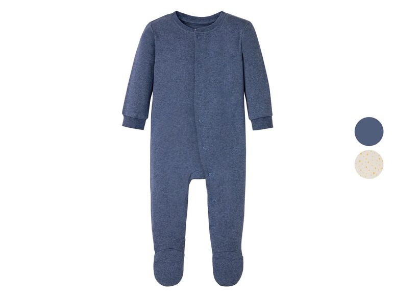 Ein blauer Baby-Strampler mit Druckknöpfen.