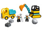 Lego Duplo Set mit gelbem LKW, Bagger und zwei Bauarbeitern.