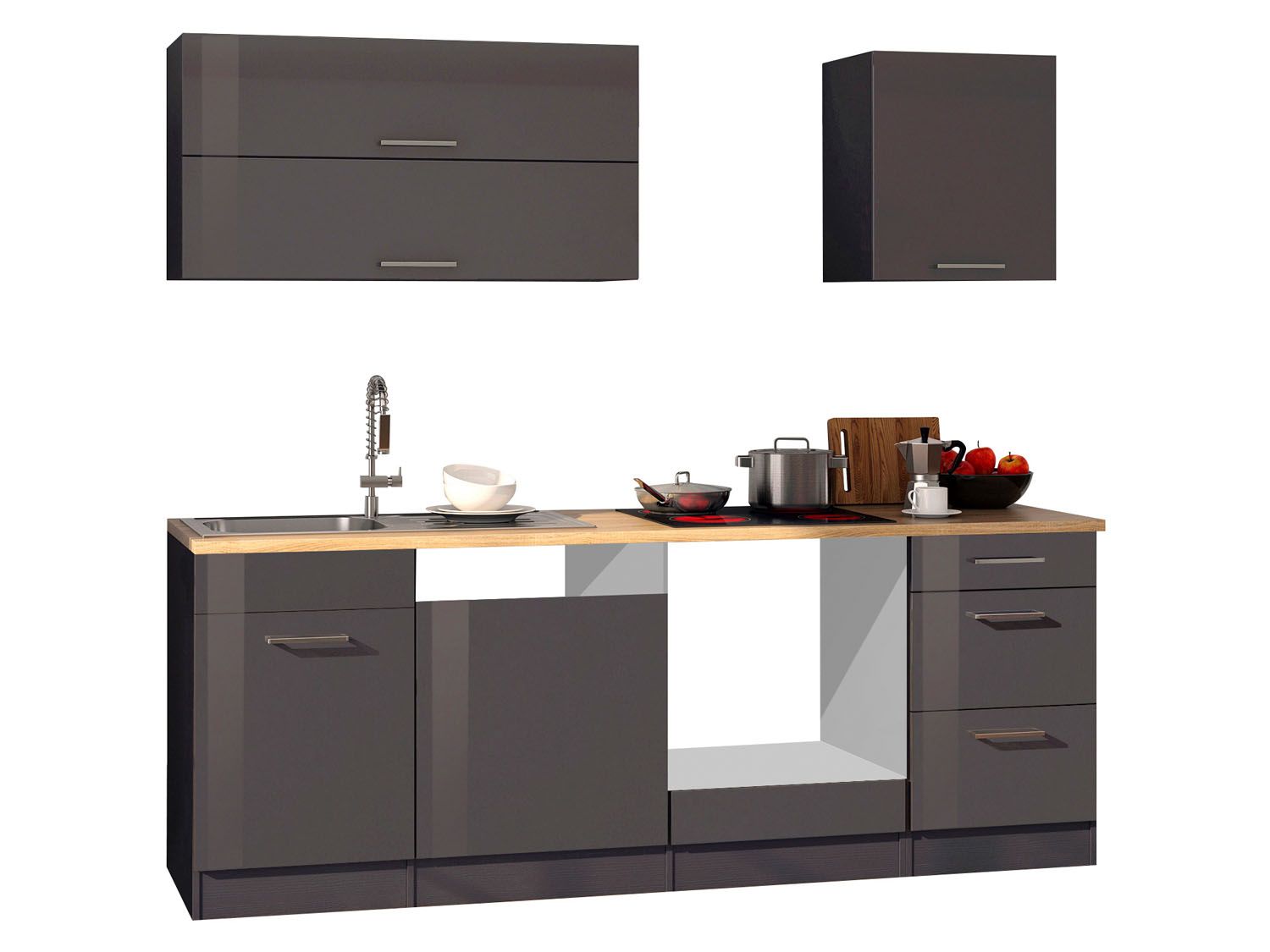 HELD Küchenzeile Mailand 220-390cm (ohne E-Geräte, Hochglanz-grau/eiche sonoma, 220 cm) | 04251639434445