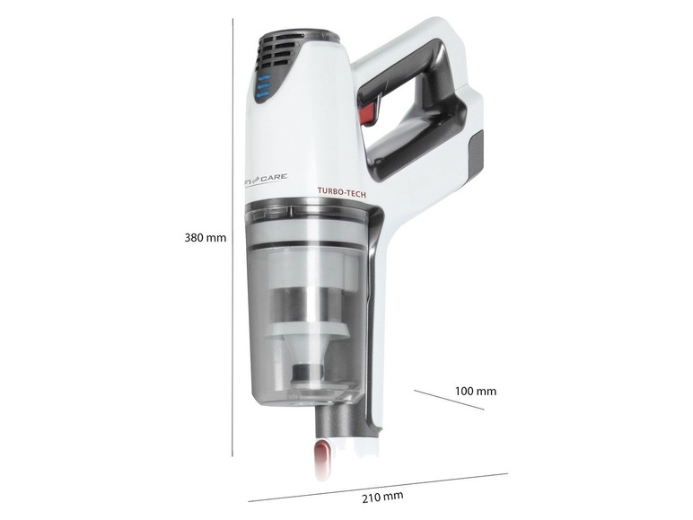 Ein weißer kabelloser Staubsauger mit einem durchsichtigen Staubbehälter von FlyCare.