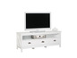 Weißes TV-Möbel mit drei Schubladen und einem Fernseher