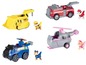 Paw Patrol Spielzeugfahrzeuge, darunter ein Feuerwehrauto, ein Helikopter, ein Bulldozer und ein Polizeiauto.