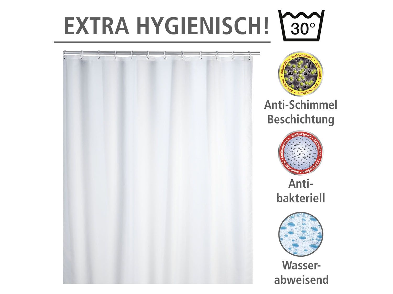Thumbnail - Wenko Anti-Schimmel Duschvorhang 180 x 200 cm, waschbar (Uni weiß)