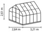 Ein Diagramm eines Gewächshauses mit den Maßen 2,64 m Breite und 3,21 m Länge.