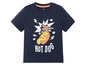 Ein dunkelblaues T-Shirt mit einem Hotdog-Motiv.