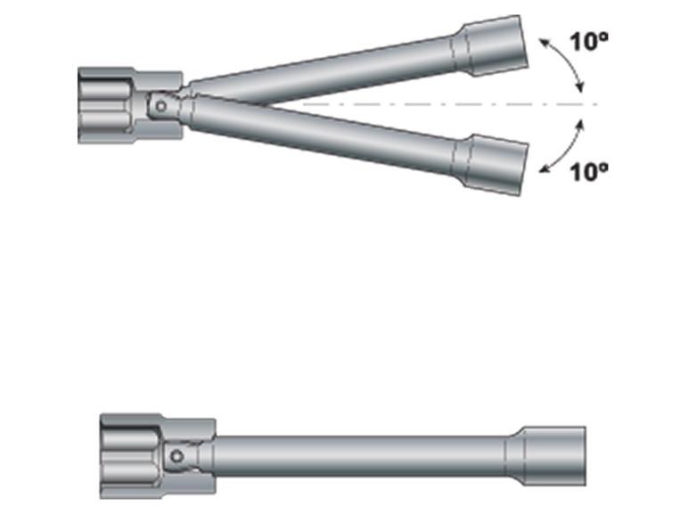 Zwei Verlängerungen für eine Ratsche, eine gerade und eine in einem Winkel von 10 Grad gebogen.