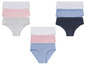 Sechs Damen-Slips in verschiedenen Farben und Mustern.