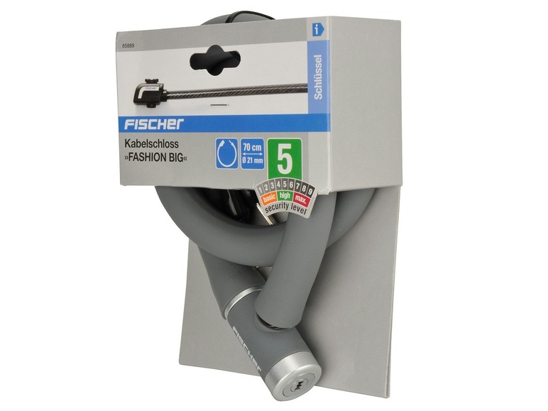 Ein graues Fischer Kabelschloss mit Sicherheitsstufe 5