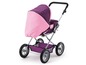 Ein rosa und lila Kinderwagen mit einem Korb.
