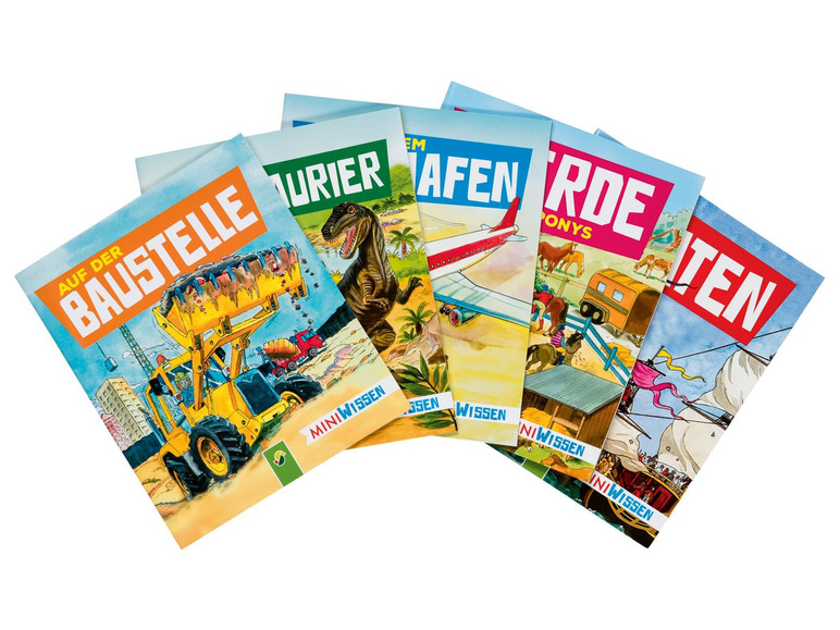 Ein Stapel Kinderbücher über Baumaschinen, Dinosaurier, Flugzeuge, Pferde und Schiffe.