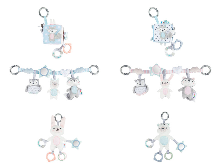 Babyspielzeug mit Tiermotiven, darunter ein Eule, ein Kaninchen und ein Waschbär.