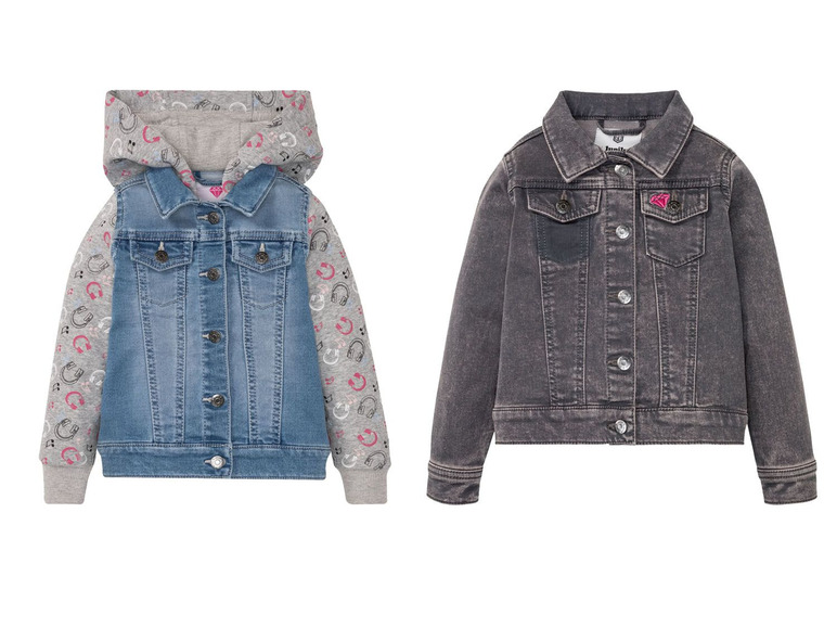 Zwei Jeansjacken für Mädchen, eine mit einer grauen Kapuze mit Noten und eine dunkelgraue.