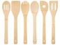 Ein Set aus sechs Küchenutensilien aus Holz, darunter Spatel und Löffel der Marke Ernesto.