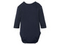 Ein dunkelblauer Baby-Body mit langen Ärmeln.