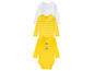 Ein Set mit einem gestreiften und einem einfarbigen gelben Strampler sowie einem weißen Shirt von Lupilu.