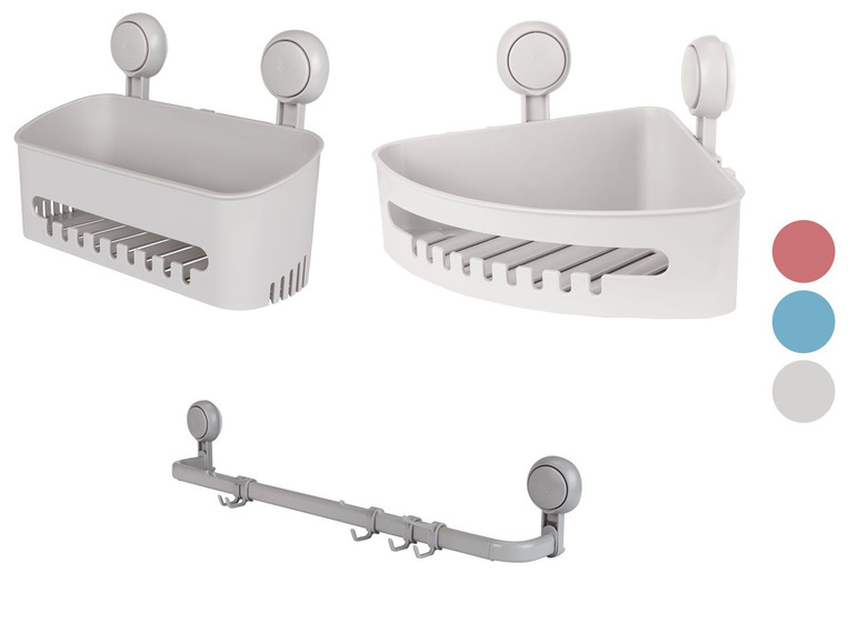Drei Badezimmerregale mit Saugnäpfen: ein rechteckiges Regal, ein dreieckiges Regal und eine Stange mit Haken.