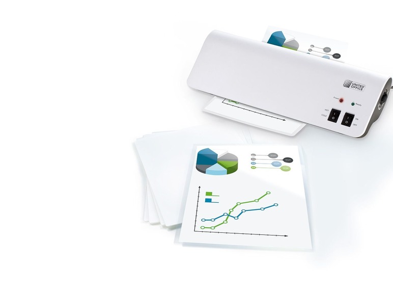 Ein Laminiergerät von United Office mit einem Stapel Dokumenten und Diagrammen.