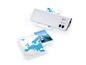 Ein weißer Laminator von United Office mit Fotos und einer Europakarte.
