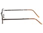 Eine braune Metallbrille mit orangefarbenen Bügeln.
