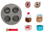 Spielzeug Backform mit Cupcakes, Kuchen und einem Pinsel.