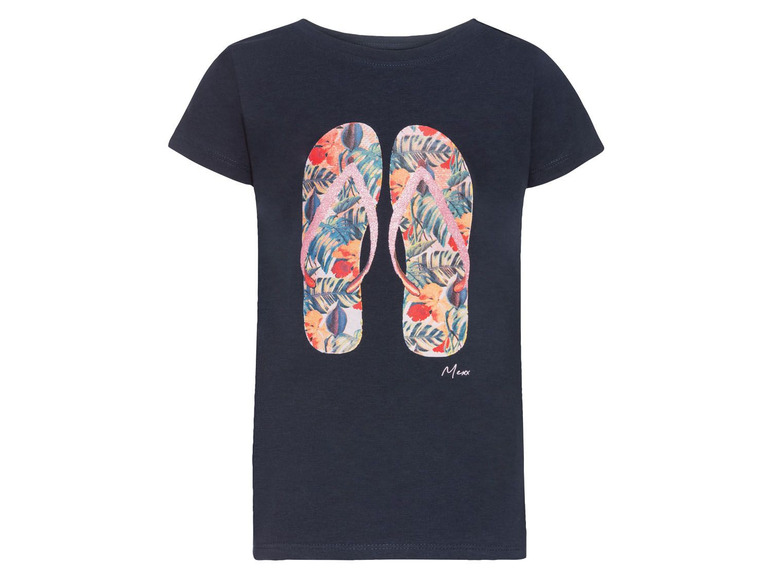 Ein dunkelblaues T-Shirt mit einem Aufdruck von Mexx Flip-Flops.