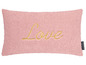 Ein rosa Kissen mit der Aufschrift 'Love' in Gold.