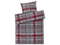 Eine Bettwäschegarnitur in grau und rot mit Karomuster.