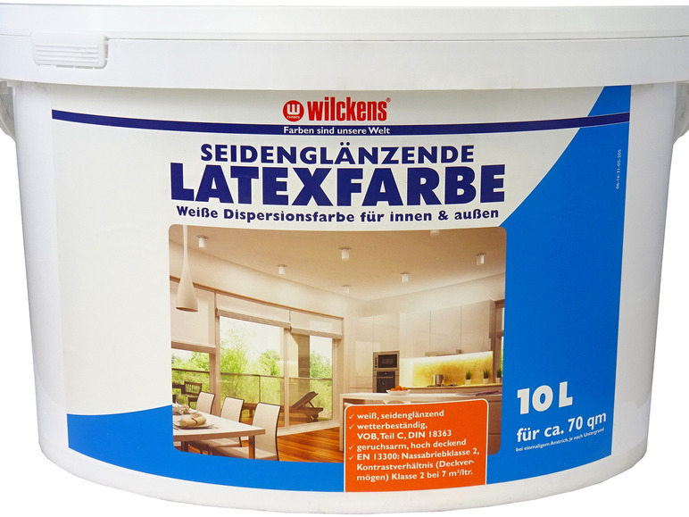 Wilckens Seidenglanz Latexfarbe, 10 Liter für ca. 70 qm.