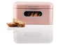 Eine rosa Brotbox mit Sichtfenster, zwei Brotscheiben und eine weiße Brotbox darunter.
