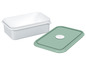 Eine weiße Lunchbox mit grünem Deckel.
