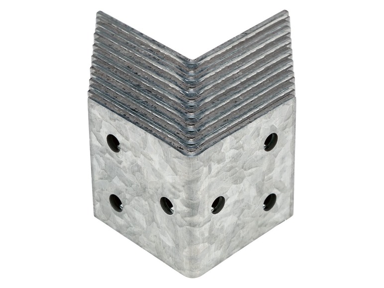 Stapel von Metall-Eckwinkeln mit Löchern.