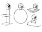 Ein Set aus vier Badezimmerzubehör mit Saugnäpfen, bestehend aus einem Handtuchring, einem Seifenhalter, einem Toilettenbürstenhalter und einem Toilettenpapierhalter.