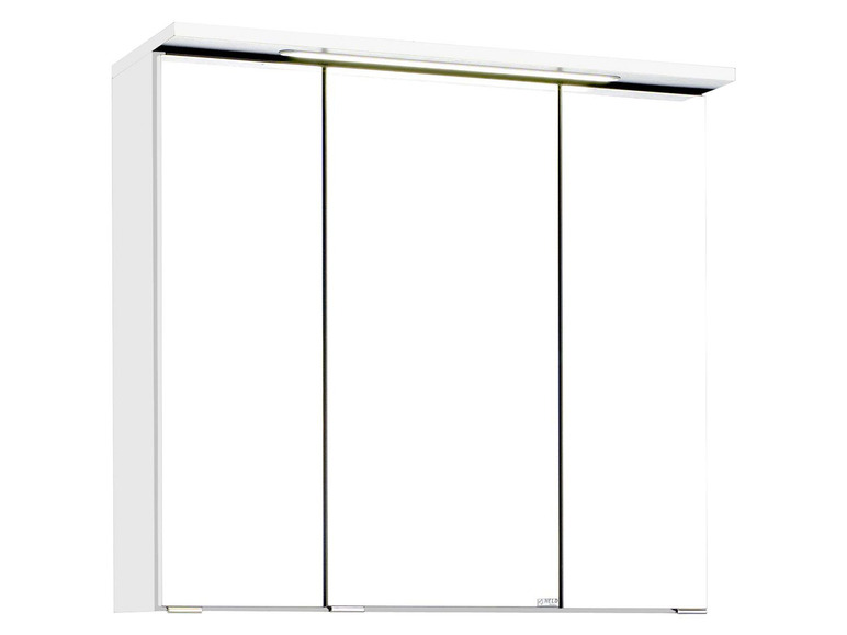 Weißer Spiegelschrank mit drei Türen und integrierter Beleuchtung.
