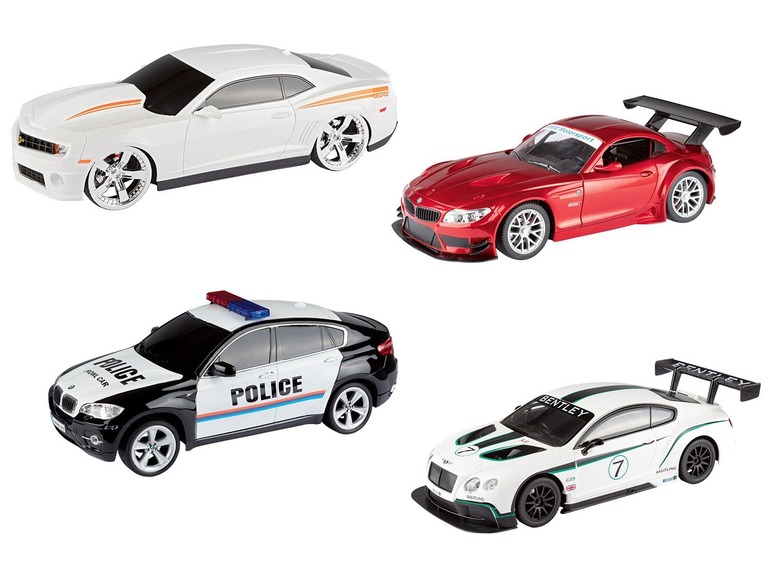 Ein weißer Chevrolet Camaro, ein roter BMW und ein weißer Bentley Rennwagen.