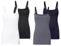 Vier Tanktops: weiß, schwarz, gestreift und dunkelblau.