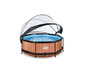 Ein rundes aufblasbares Schwimmbecken mit Holzoptik und einem transparenten Sonnendach von Exit Toys.