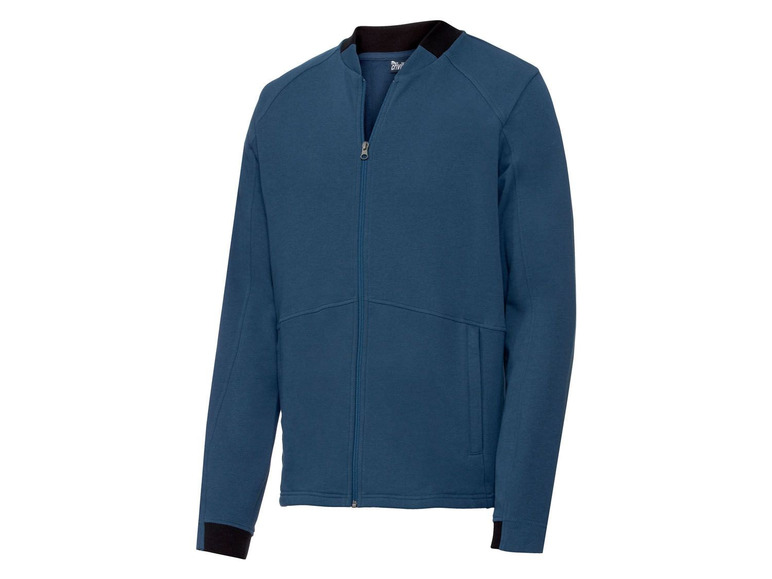 Eine dunkelblaue Bomberjacke mit Reißverschluss.