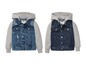 Zwei blaue Jeansjacken mit grauen Kapuzen und Ärmeln, von der Marke Lupilu.
