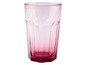 Ein rosa Glas mit facettenreichem Design.