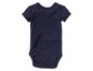 Ein dunkelblauer Baby-Body mit kurzen Ärmeln.