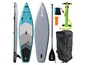 Ein aufblasbares Paddleboard-Set von Explorer mit Rucksack, Paddel und Pumpe.