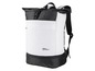 Ein weißer Rucksack mit schwarzem Detail und kleinem Logo.