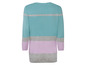 Ein gestreifter Pullover in Türkis, Grau und Rosa.
