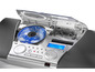 Ein silberner CD-Player mit offenem CD-Fach und einem Kassettendeck.