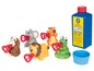 Ein Set mit Tierfiguren zum Blasen von Seifenblasen, inklusive einer Flasche Seifenblasenlösung.