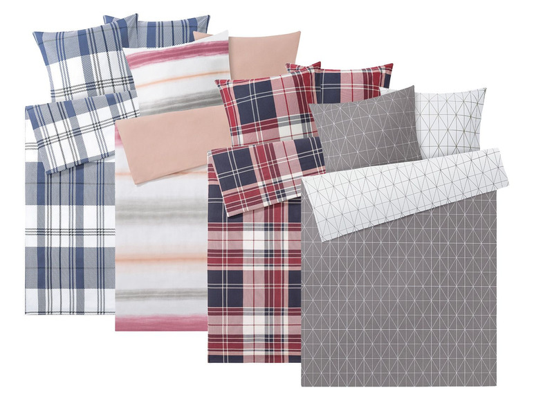 Bettwäsche in verschiedenen Karomustern und geometrischen Designs.