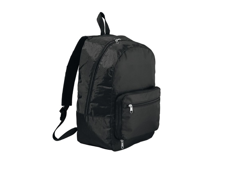 Ein schwarzer Rucksack mit einem vorderen Fach.