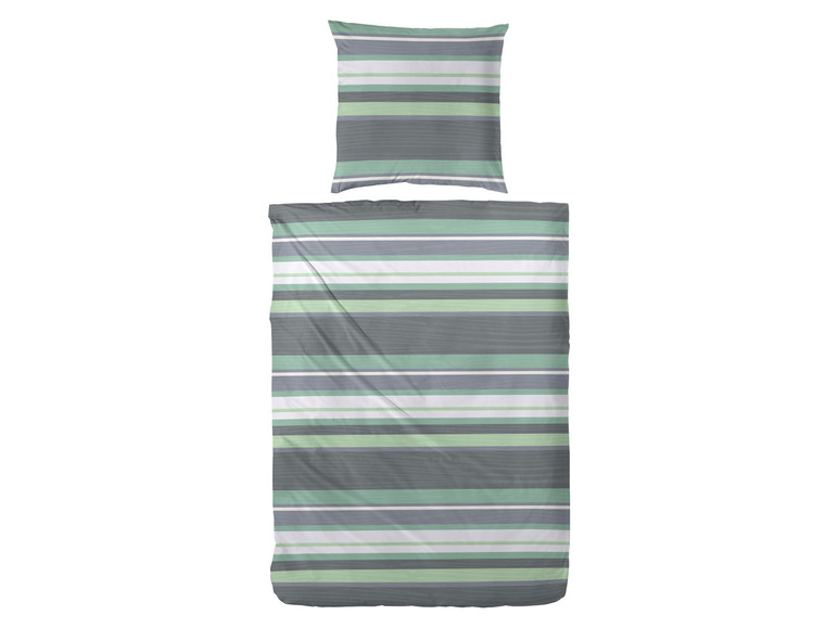 Ein gestreiftes Bettbezug-Set in Grau und Grün.