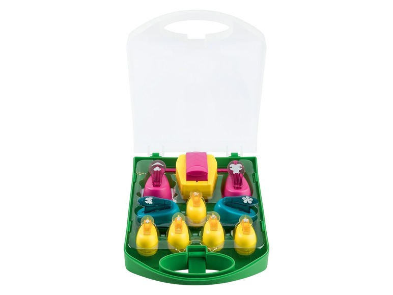 Eine Sammlung bunter Stanzen in einer grünen Aufbewahrungsbox.