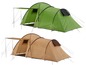 Zwei Zelte, grün und beige, mit einem Vorzelt